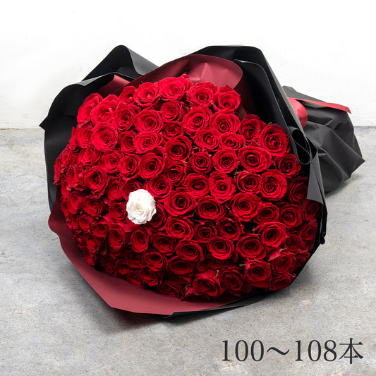 100~108本の赤バラの花束_黒×赤ラッピング_赤リボン