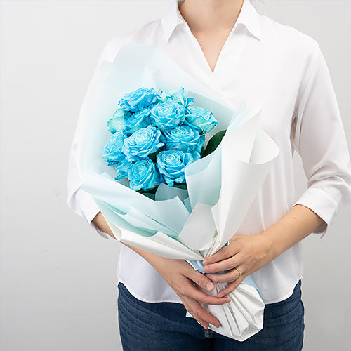 生花12本の青バラの花束 プロポーズの定番 花びらメッセージ