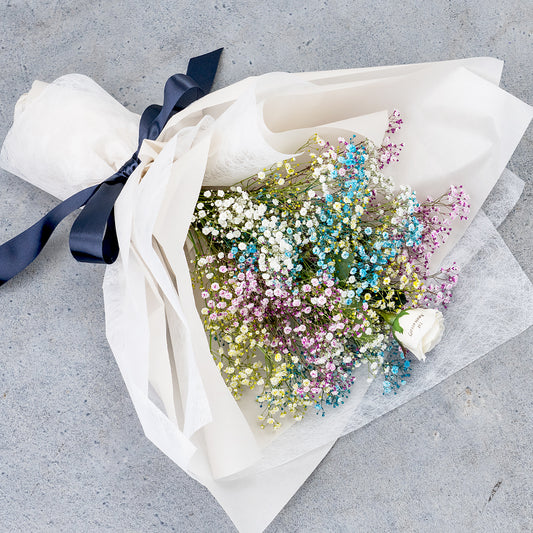想いを伝える生花かすみ草花束 花びらメッセージ 選べるカラー_ミックス