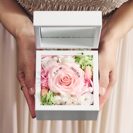 高級ホワイトオルゴールBOX お花イッパイ!プリザーブドフラワー プロポーズ用_ピーチ