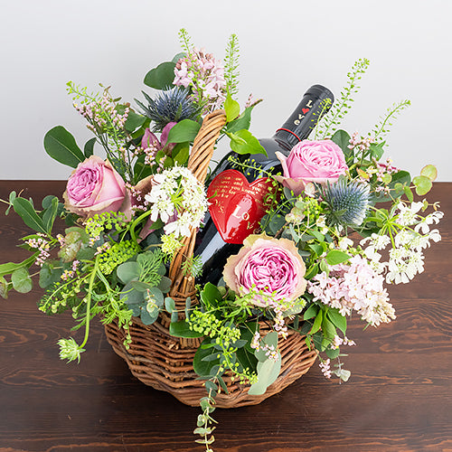 生花 花びらメッセージ 季節のアレンジメント(ピンク系)+ワイン赤