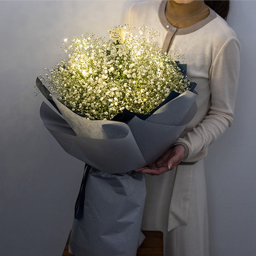 花びらメッセージ "生花"かすみ草の花束 光る星屑アレンジ_L