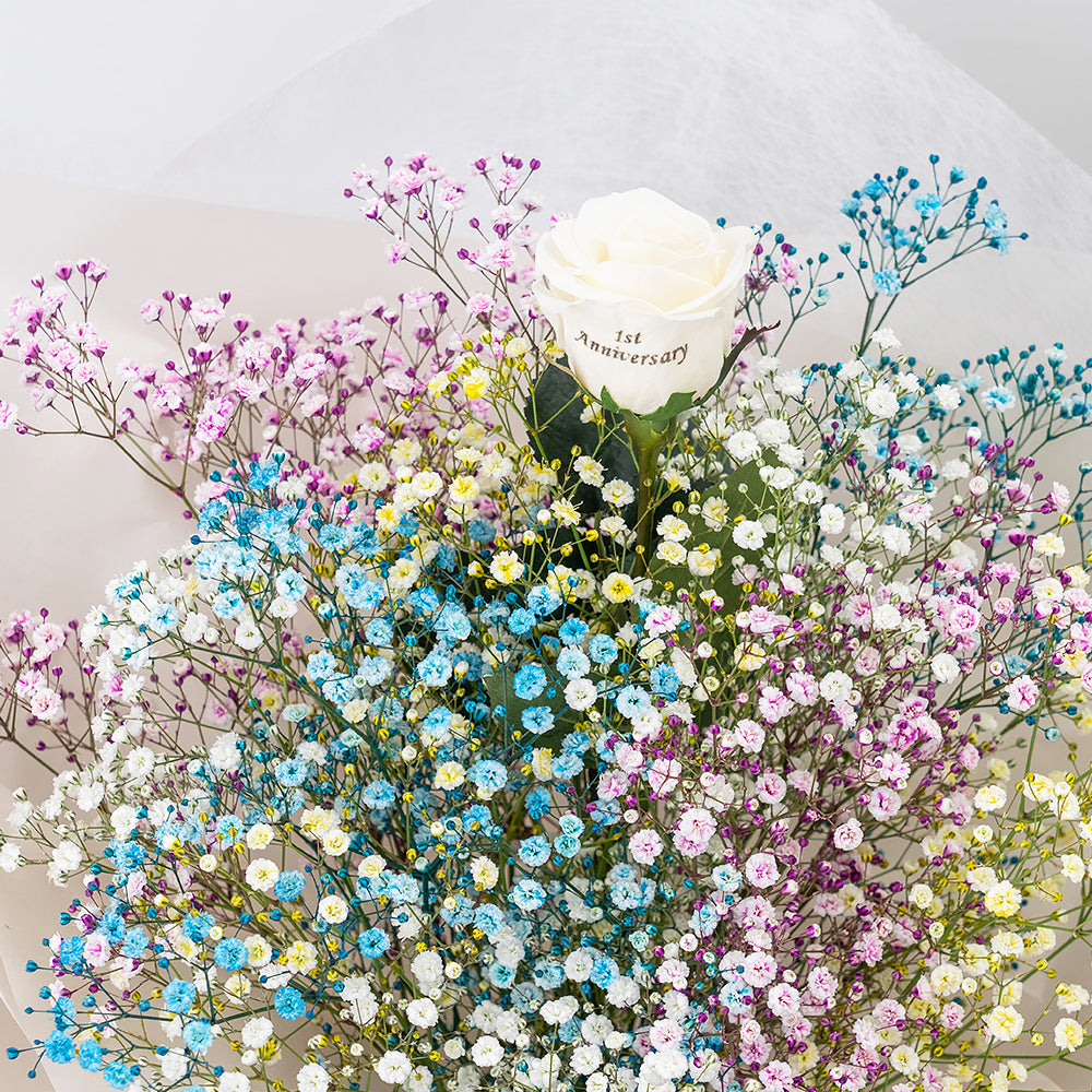 想いを伝える生花かすみ草花束 花びらメッセージ 選べるカラー