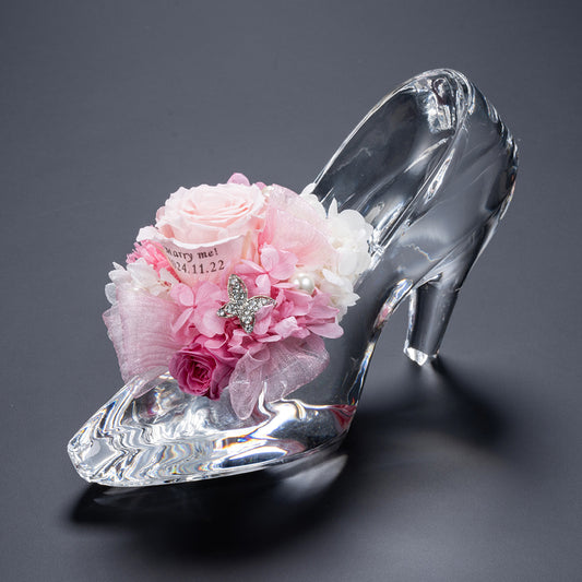 ホテルでプロポーズ 花に名入れ シンデレラのくつクリスタルガラス≪Pピンク≫+フラッグ装飾セット