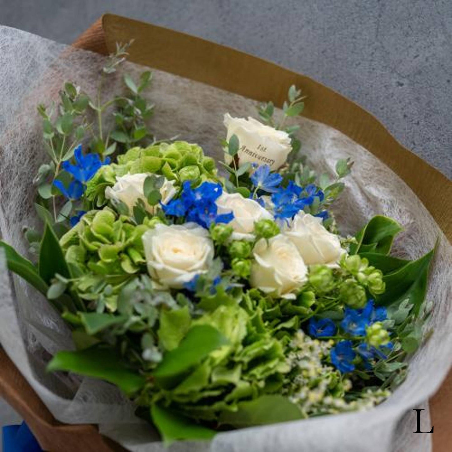 花びらメッセージ ”生花”季節のブーケ_ブルー_L