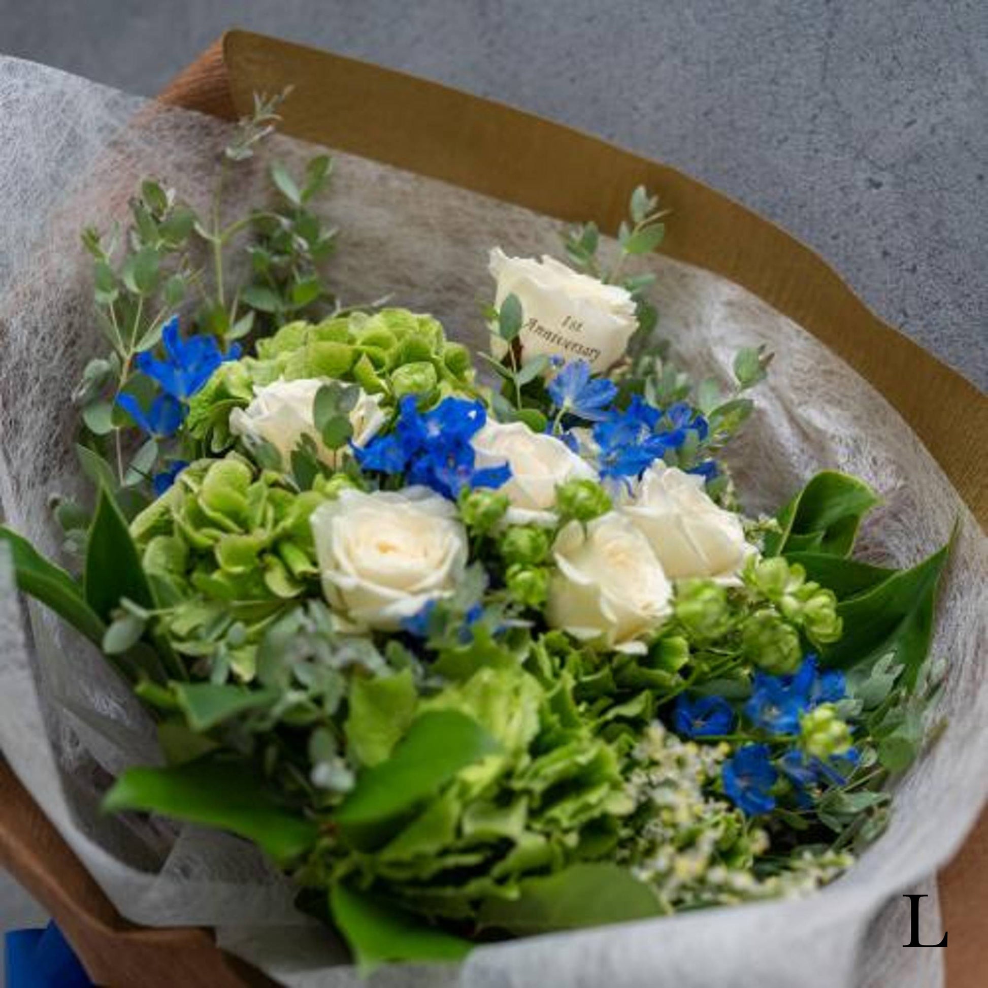 花びらメッセージ ”生花”季節のブーケ_ブルー_L