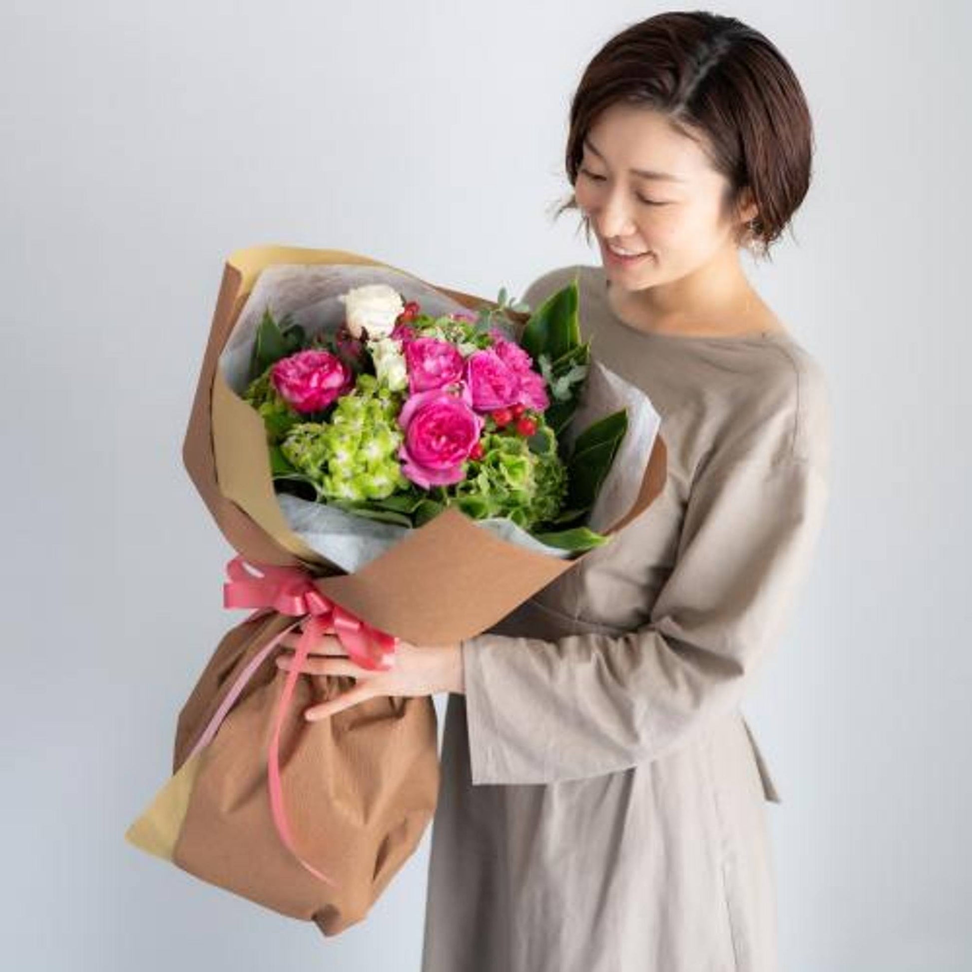 花びらメッセージ ”生花”季節のブーケ_ピンク