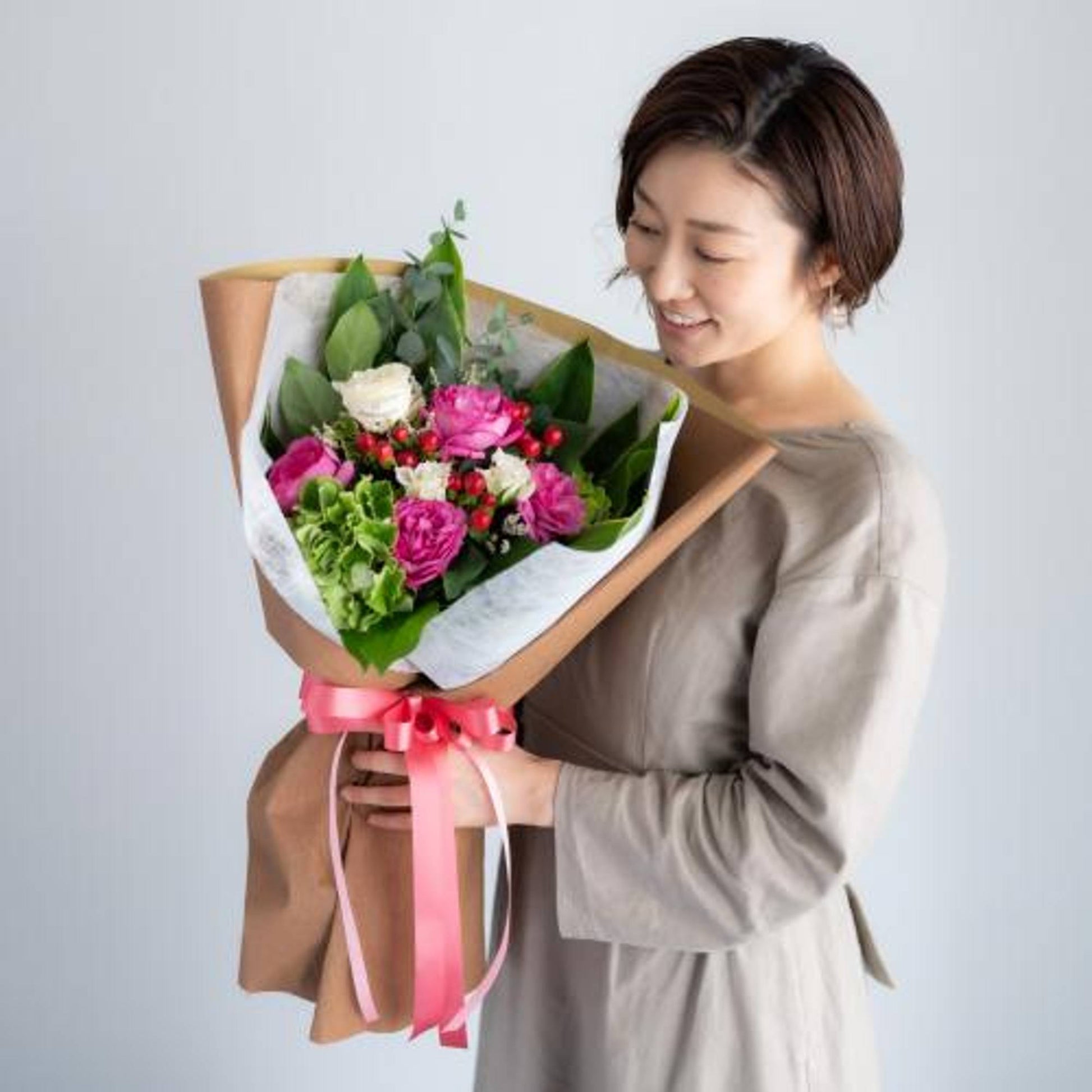 花びらメッセージ ”生花”季節のブーケ_ピンク