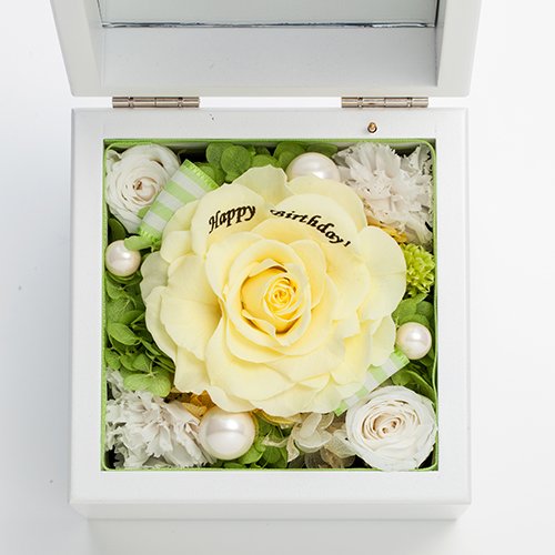 高級ホワイトオルゴールBOX お花イッパイ!プリザーブドフラワー_イエロー