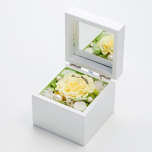 高級ホワイトオルゴールBOX お花イッパイ!プリザーブドフラワー_イエロー